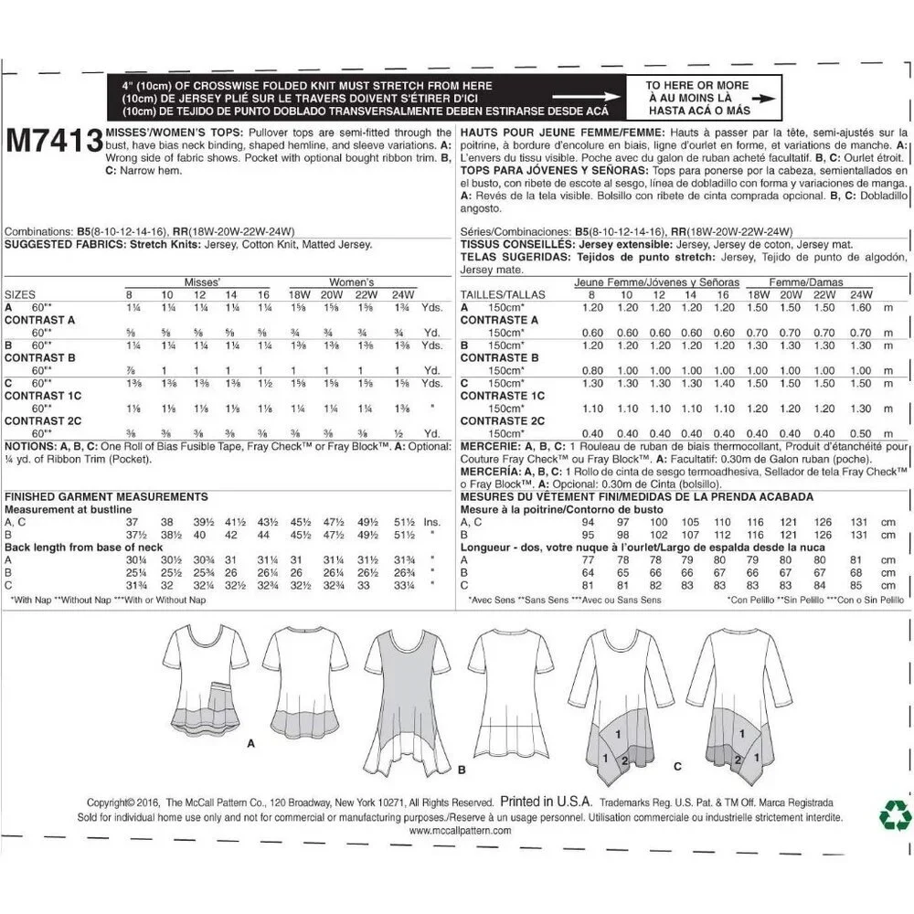 McCalls‎ Sewing Pattern 7413 Top Tunic Regular Plus Size Womens 8-16
